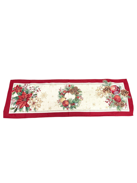 Runner 45 x 140 con stelle di Natale e palline con bordatura rossa.