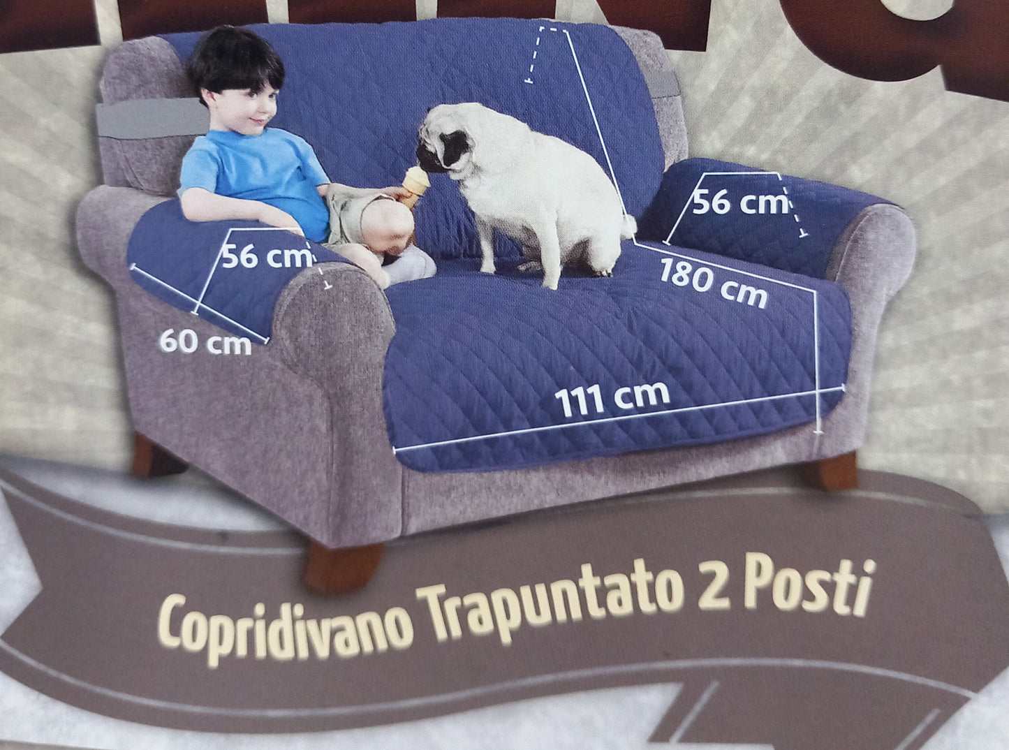 Copertura arredo divano trapuntato 2 posti grigio chiaro.