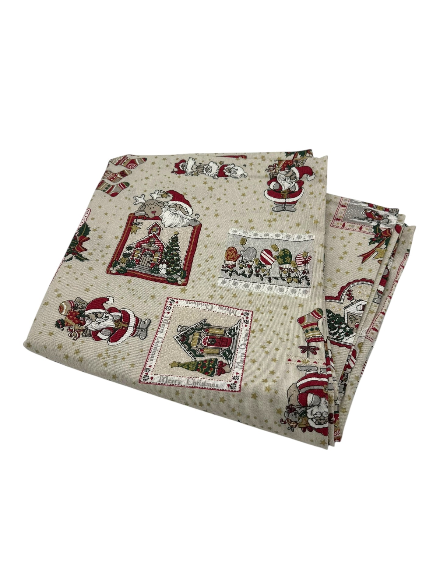 Tovaglia 12 posti in cotone con Babbo Natale beige.