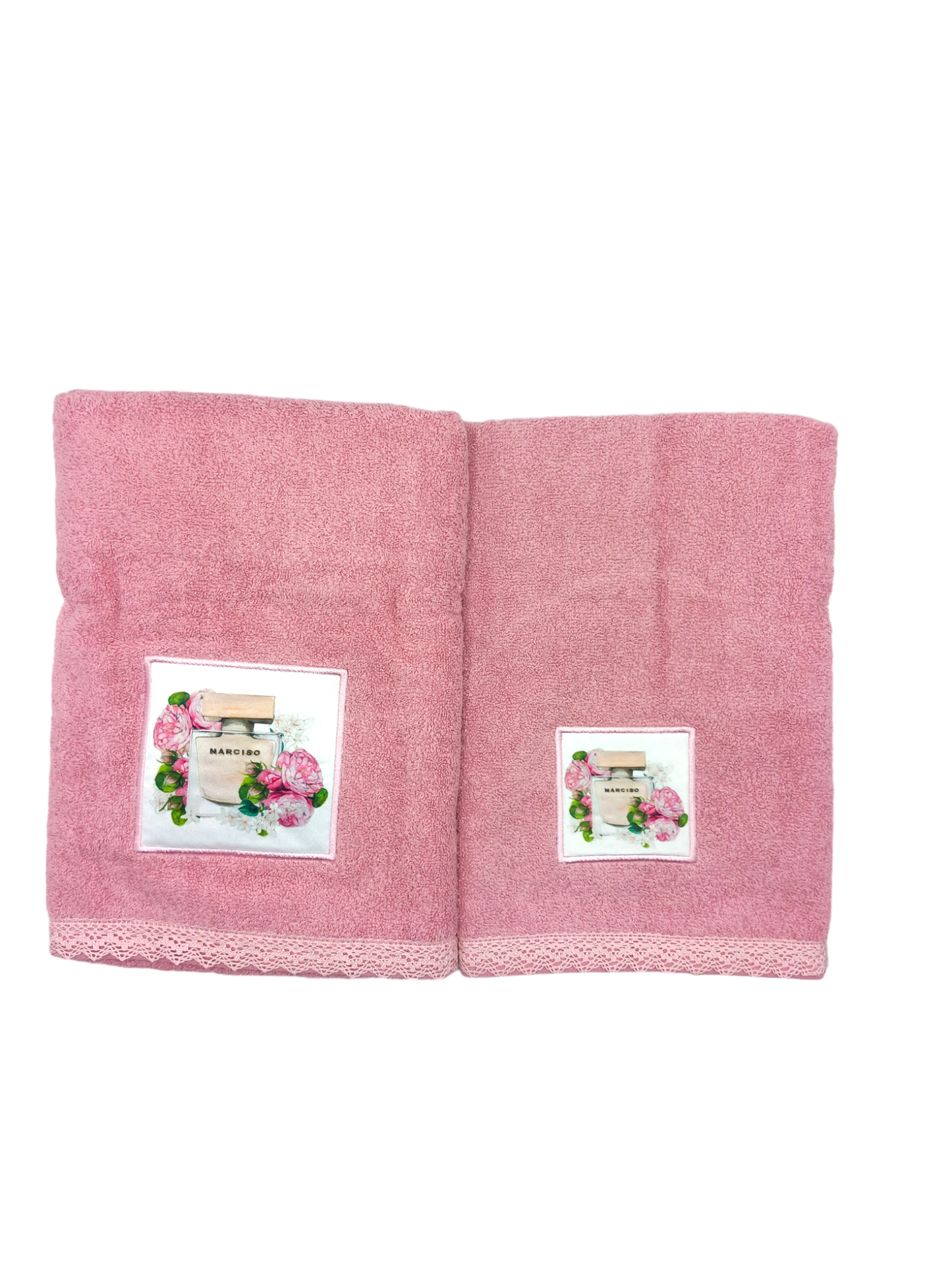 Set viso + ospite con pizzo e stampa digitale malva.