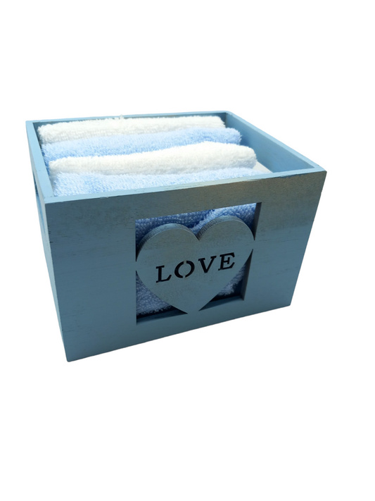 Set 4 lavette con scatola in legno con scritta love.