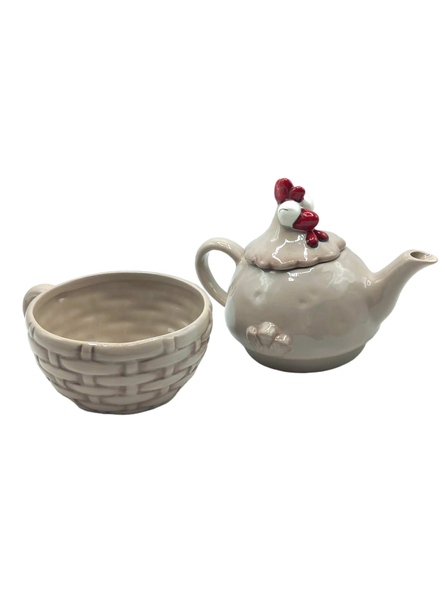 Set teiera e tazza in ceramica a gallinella tortora.