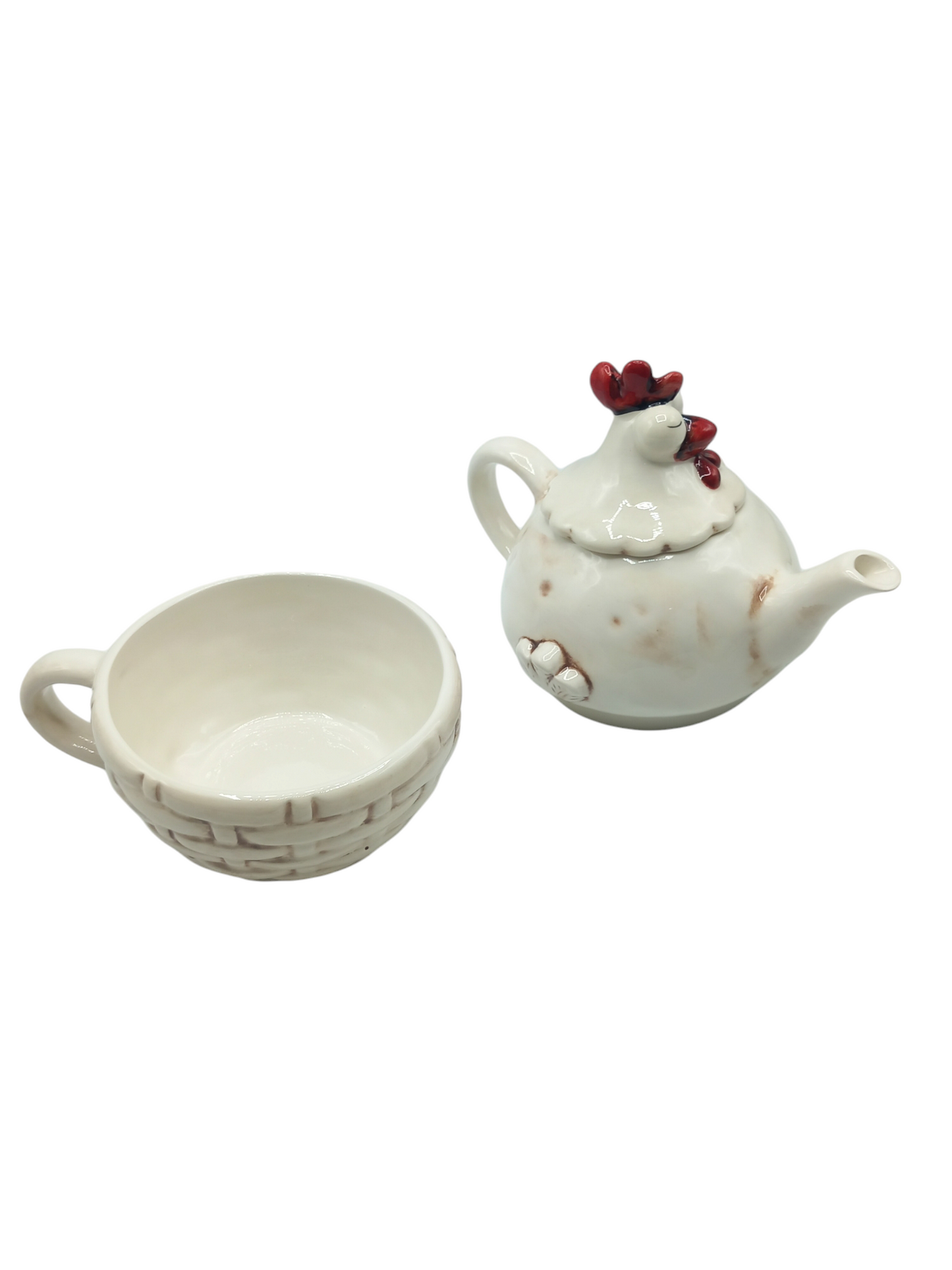 Set teiera e tazza in ceramica a gallinella panna.